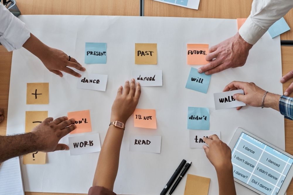 Alunos organizando cartões com verbos em inglês sobre uma mesa.